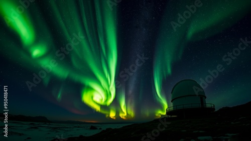 telescope observatory against the backdrop of the northern lights at night