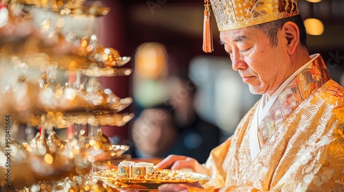 A traditional ceremony featuring a man in ornate attire placing offerings on a golden altar, embodying cultural heritage and spirituality