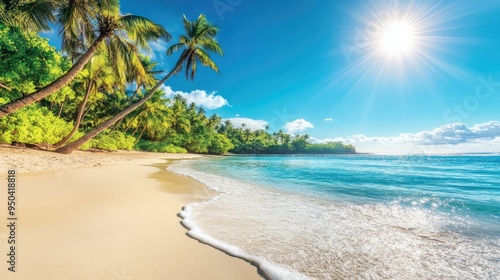 Stunning tropical beach with white sand, crystal-clear waters, and lush palm trees under a bright sun