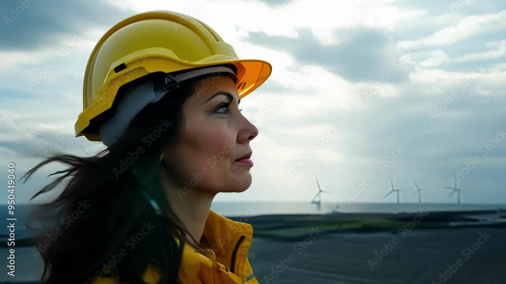 Man in helmet maintaining windmill generator in the sea. Wind mill offshore park. Green energy, environment, ecology concept. Ai generated. Man in helmet maintaining windmill generator in the sea. Wind mill offshore park. Green energy, environment, ecology concept. Ai generated.