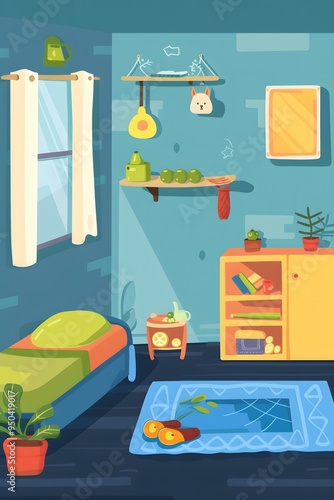 Cartoon Illustration of a Cozy Bedroom with a Bed, Shelves, and a Rug