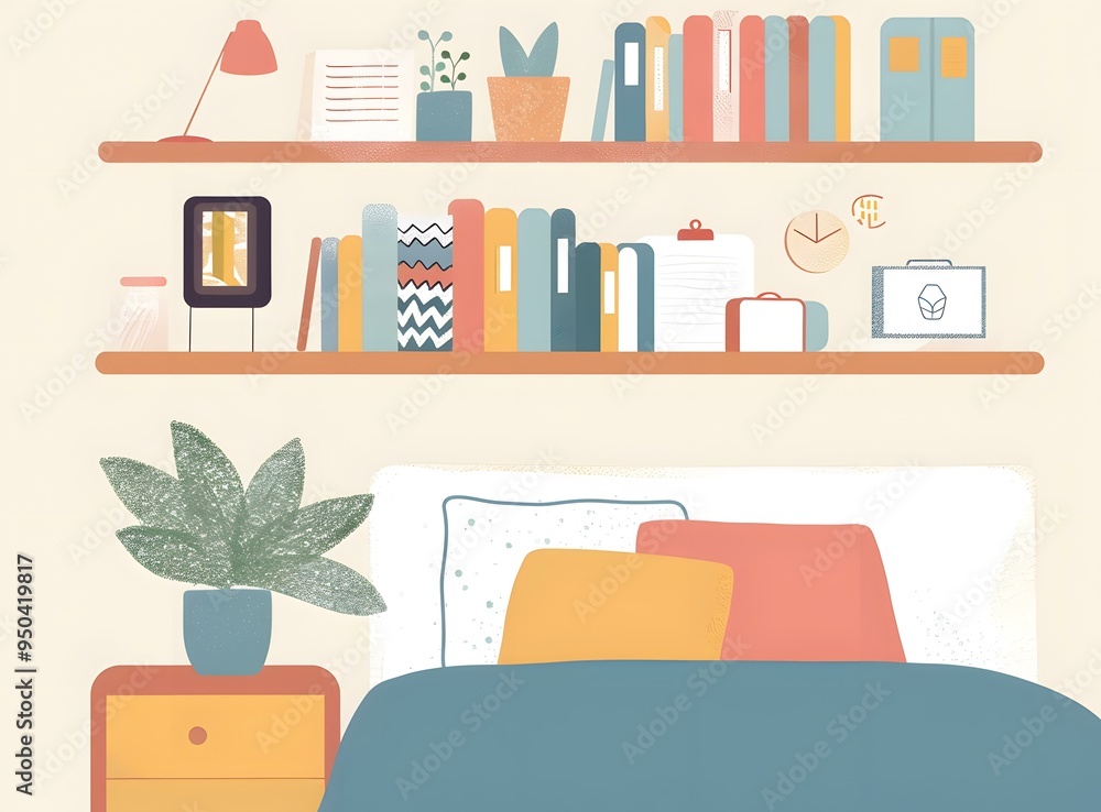 Fototapeta premium Cozy Bedroom Interior with Bookshelf and Bed