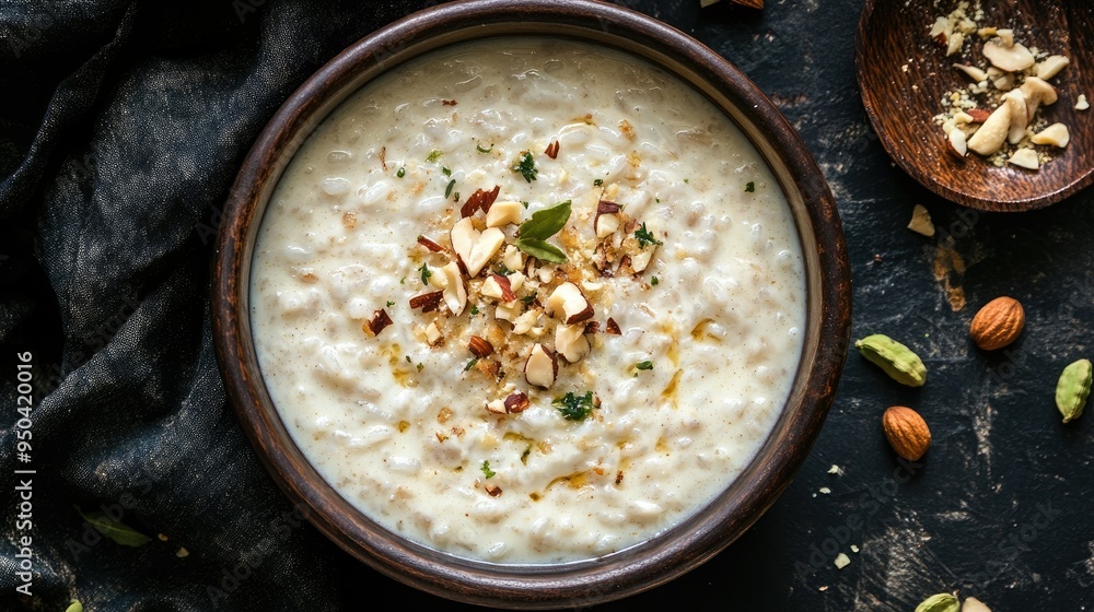 Top view of a bowl of kheer, a creamy rice dessert with cardamom and nuts