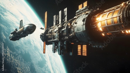 Fototapeta Naklejka Na Ścianę i Meble -  Space station orbiting distant planet with sleek spacecraft docking nearby metallic finishes cool tones highly detailed 3D rendering