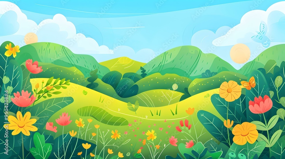 Fototapeta premium Summer Landscape with Green Hills and Flowers