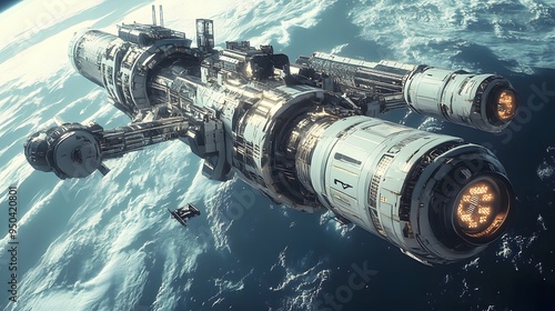 Fototapeta Naklejka Na Ścianę i Meble -  Space station orbiting distant planet with sleek spacecraft docking nearby metallic finishes cool tones highly detailed 3D rendering