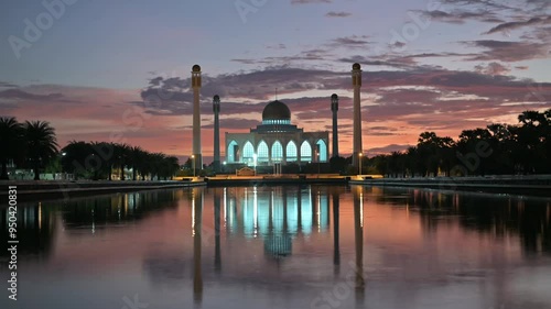Serene Mosque Reflection at Dusk: A majestic mosque with intricate details is reflected in a still lake, bathed in the warm hues of twilight. The sky above is ablaze with a vibrant sunset, creating a 