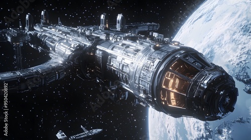 Fototapeta Naklejka Na Ścianę i Meble -  Space station orbiting distant planet with sleek spacecraft docking nearby metallic finishes cool tones highly detailed 3D rendering