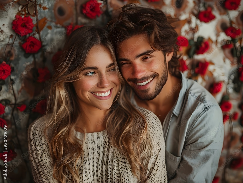 A young couple smiles lovingly at each other in front of a wall of red roses. A young couple smiles lovingly at each other in front of a wall of red roses.