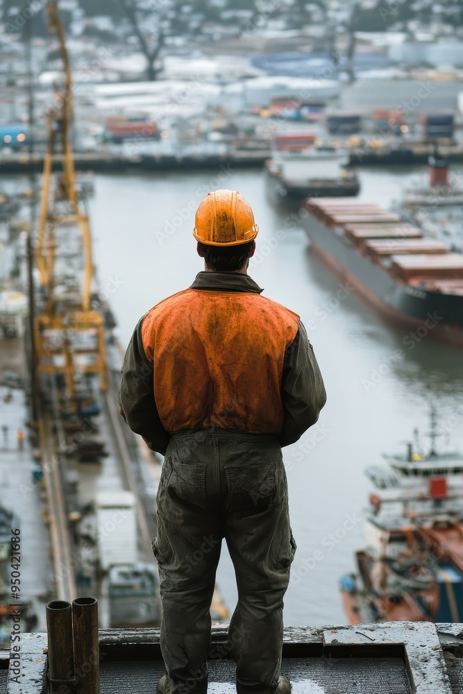 Worker Overlooking Busy Harbor and Docks Worker Overlooking Busy Harbor and Docks