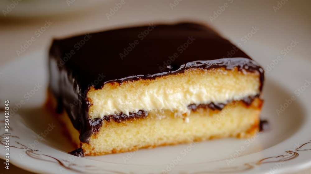 Delectable Boston Cream Pie: Tempting Close-up of Custard-Filled Sponge Cake with Chocolate Glaze on Neutral Background Delectable Boston Cream Pie: Tempting Close-up of Custard-Filled Sponge Cake with Chocolate Glaze on Neutral Background