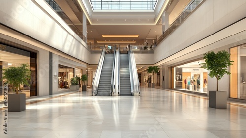 Modern Shopping Mall Interior with Escalators