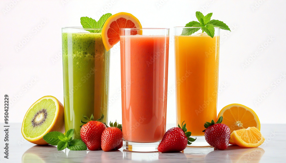 Three glasses of fresh fruit juice with strawberries, orange and kiwi fruit on marble counter Three glasses of fresh fruit juice with strawberries, orange and kiwi fruit on marble counter