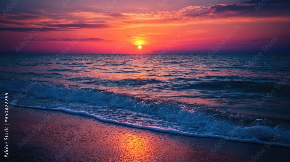 Vibrant sunset over a calm ocean, with waves gently lapping against the sandy shore Vibrant sunset over a calm ocean, with waves gently lapping against the sandy shore