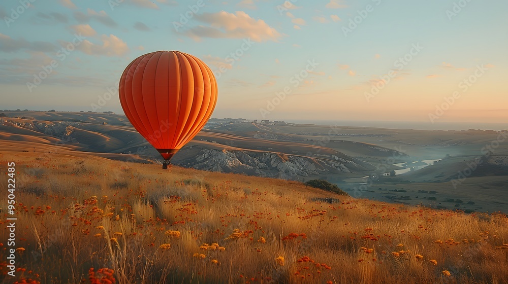 A hot air balloon is floating in the sky above a field of yellow flowers A hot air balloon is floating in the sky above a field of yellow flowers