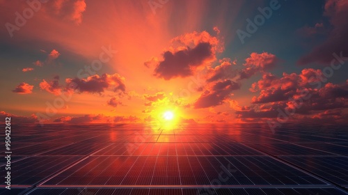 Vibrant Sunset Over Solar Panels: Sustainable Energy Landscape