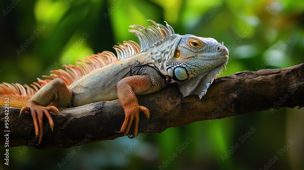 Green Iguana Resting on Branch in Lush Green Setting Green Iguana Resting on Branch in Lush Green Setting