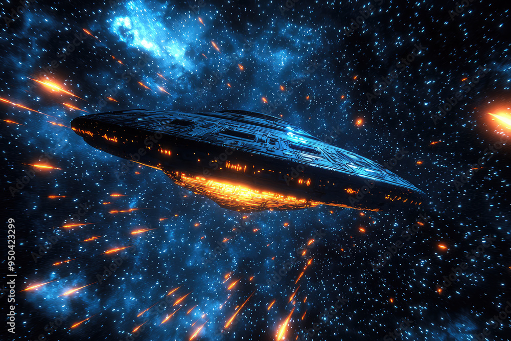 A dazzling UFO navigates through a vibrant meteor shower in the depths of outer space, illuminating the cosmic darkness. A dazzling UFO navigates through a vibrant meteor shower in the depths of outer space, illuminating the cosmic darkness.
