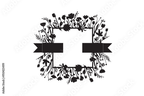 Black Floral frame with ribbon silhouette vector illustration design on white background. photo