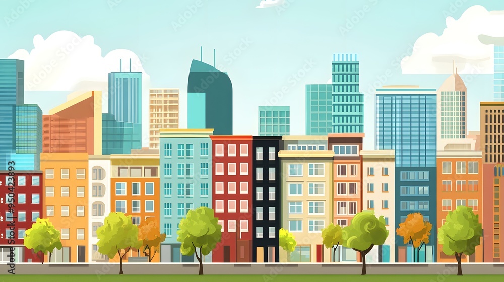 Colorful Cityscape Illustration with Skyscrapers and Trees Colorful Cityscape Illustration with Skyscrapers and Trees