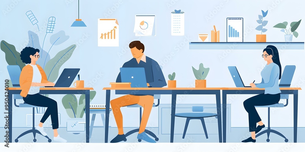 Three People Working At Laptop In Office Illustration Three People Working At Laptop In Office Illustration