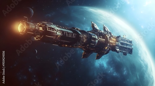 Fototapeta Naklejka Na Ścianę i Meble -  Distant planet with space station sleek spacecraft docking nearby cool tones metallic finishes highly detailed 3D rendering