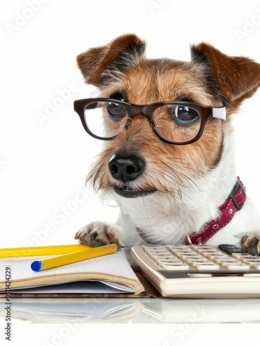 jack russell secretary accountant dog with calculator, a note pad and pencil