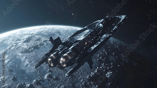 Fototapeta Naklejka Na Ścianę i Meble -  Distant planet with space station sleek spacecraft docking nearby cool tones metallic finishes highly detailed 3D rendering