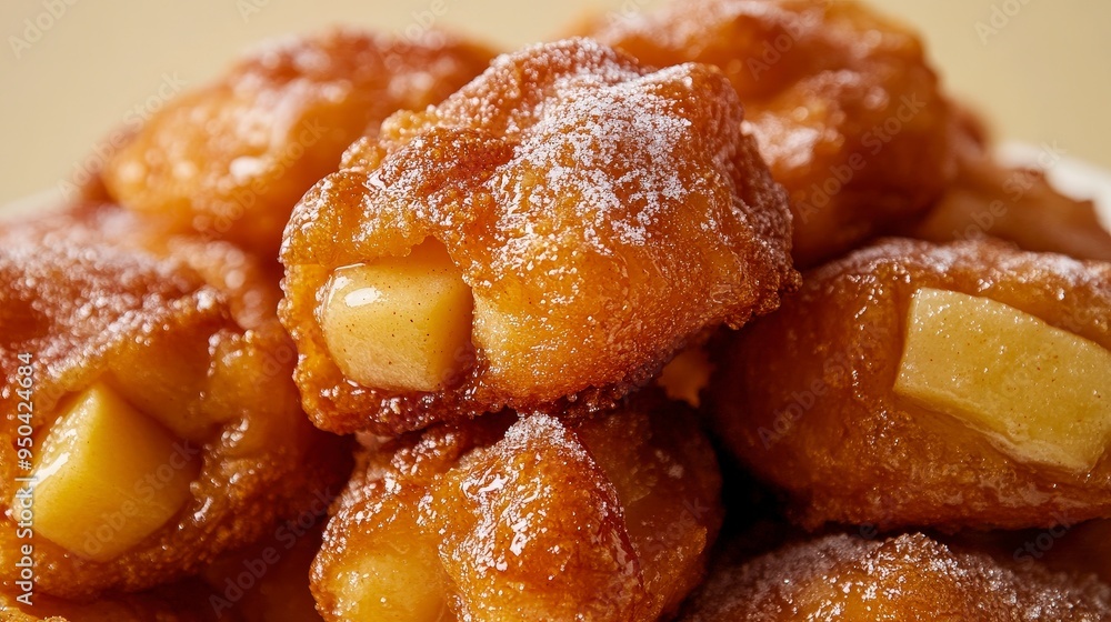 Delicious Apple Fritters with Sugary Glaze Close-up on Plain Background Delicious Apple Fritters with Sugary Glaze Close-up on Plain Background