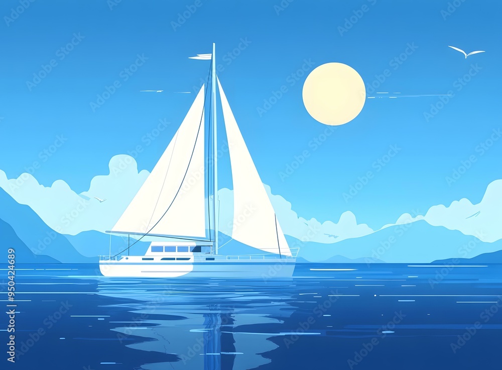 Naklejka premium Sailboat on the Ocean With Mountains in the Background