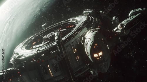 Fototapeta Naklejka Na Ścianę i Meble -  Futuristic space station with sleek spacecraft docking in orbit around distant planet metallic finishes cool tones highly detailed 3D rendering