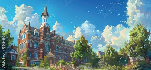 A picturesque school building with a tower, surrounded by lush greenery and a clear blue sky.