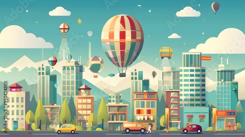 Futuristic Cityscape with Hot Air Balloons and Flying Cars