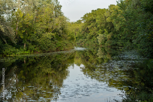 A picturesque landscape with a wide calm river surrounded by thick green trees. The reflection of the sky and the surrounding forest can be seen in the calm water of the reservoir.