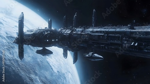 Fototapeta Naklejka Na Ścianę i Meble -  Futuristic space station with sleek spacecraft docking in orbit around distant planet metallic finishes cool tones highly detailed 3D rendering