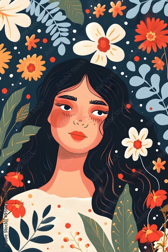 Woman with Flowers in Her Hair Illustration Woman with Flowers in Her Hair Illustration