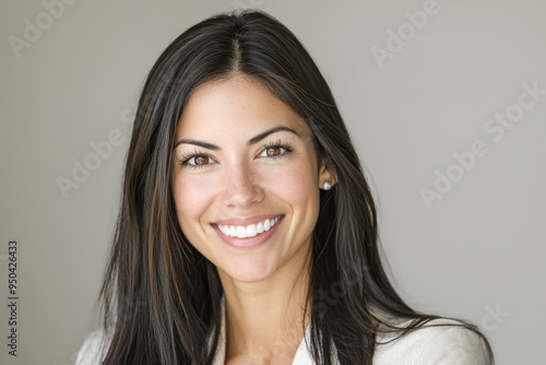 Radiant Smile: Young Hispanic Woman in Natural Light. A photo showcasing a young Hispanic woman with long dark hair, her radiant smile lit by natural light. 