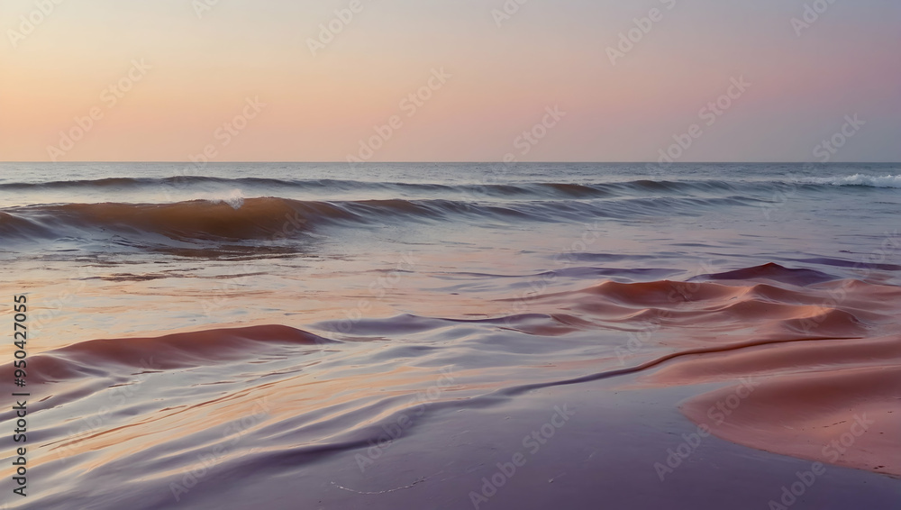 Naklejka premium Serene Sunset Surf: A single wave breaks on the shore as the sun dips below the horizon, casting a soft, pink glow over the water. The scene is a perfect blend of tranquility and beauty, inviting view