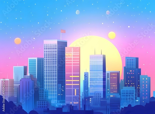 Colorful Skyline Cityscape With Sun And Stars Illustration