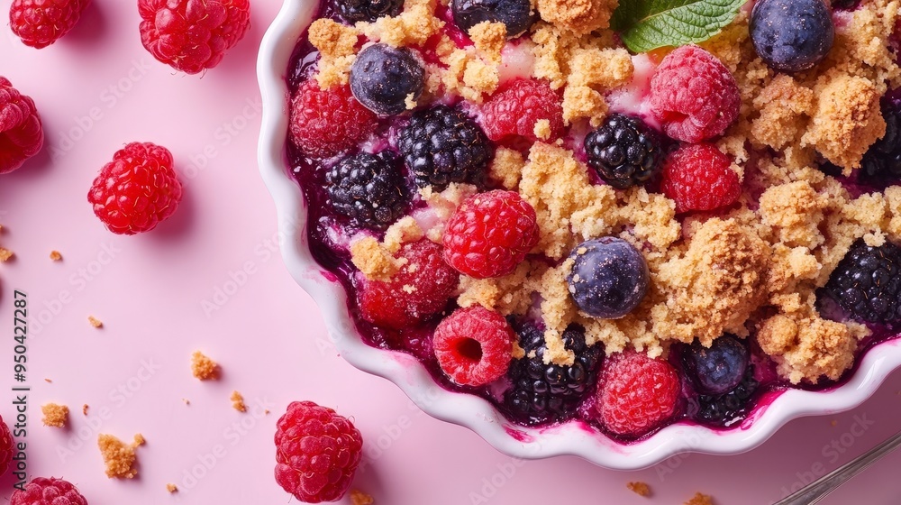 Delicious Berry Crisp Dessert with Mixed Berries and Crispy Topping on Colorful Background Delicious Berry Crisp Dessert with Mixed Berries and Crispy Topping on Colorful Background