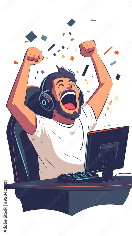 A cartoon-style vector illustration of an excited man sitting in front of his computer, celebrating after winning at video games or esports A cartoon-style vector illustration of an excited man sitting in front of his computer, celebrating after winning at video games or esports
