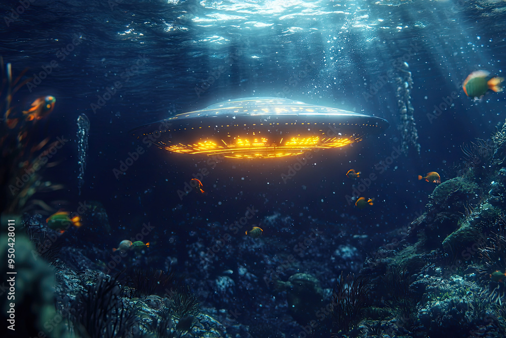 An Intriguing Underwater Encounter: The Glowing UFO Illuminates the Ocean Depths with Otherworldly Light and Vibrant Life An Intriguing Underwater Encounter: The Glowing UFO Illuminates the Ocean Depths with Otherworldly Light and Vibrant Life