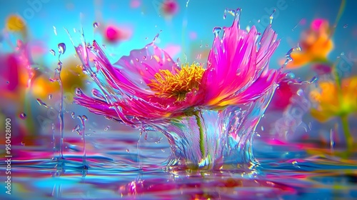 A vibrant pink flower erupts from a splash of water, surrounded by colorful abstract shapes, creating a surreal and whimsical scene.
