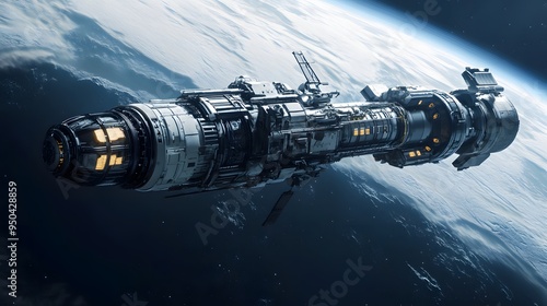 Fototapeta Naklejka Na Ścianę i Meble -  Space station orbiting distant planet sleek docking spacecraft cool tones metallic finishes highly detailed 3D rendering