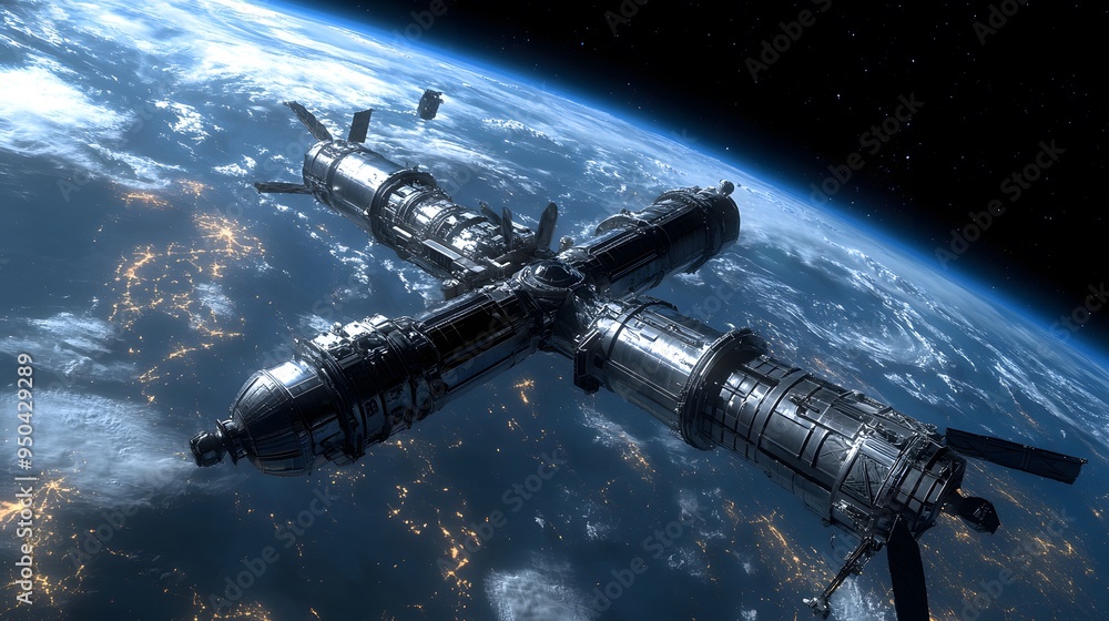 custom made wallpaper toronto digitalSpace station orbiting distant planet sleek docking spacecraft cool tones metallic finishes highly detailed 3D rendering