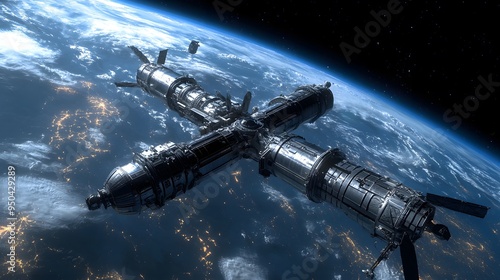 Wallpaper Mural Space station orbiting distant planet sleek docking spacecraft cool tones metallic finishes highly detailed 3D rendering Torontodigital.ca