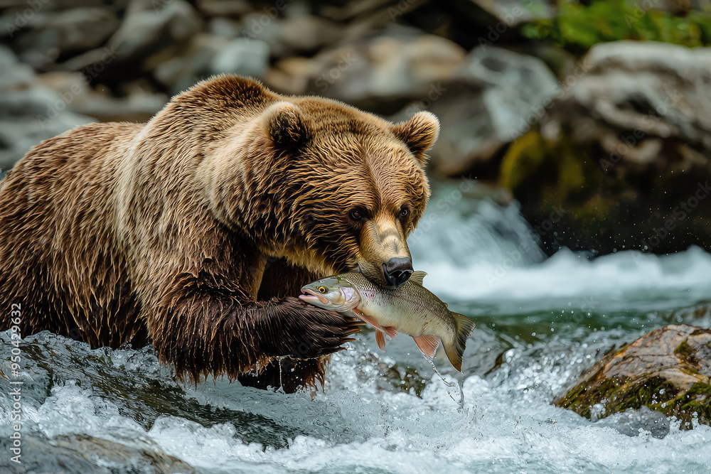 Obraz premium A brown bear expertly catches a fish in the rushing river, showcasing nature's raw beauty and survival skills in action.