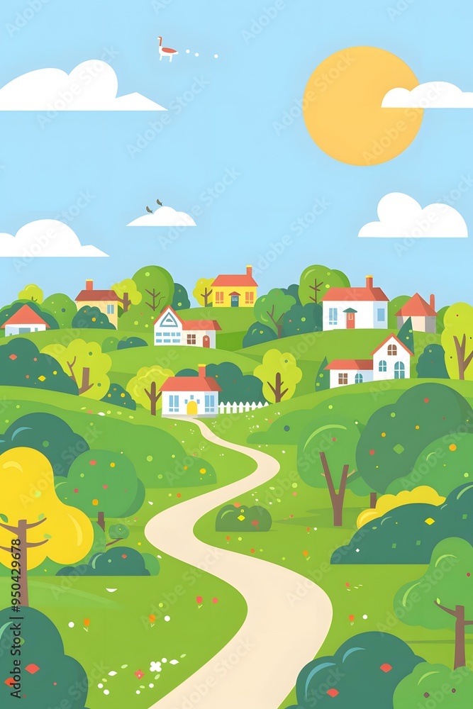 Cartoon Illustration of a Winding Road Through a Green Village Cartoon Illustration of a Winding Road Through a Green Village