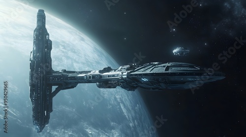 Fototapeta Naklejka Na Ścianę i Meble -  Distant planet with sleek futuristic space station spacecraft docking nearby cool tones metallic finishes highly detailed 3D rendering