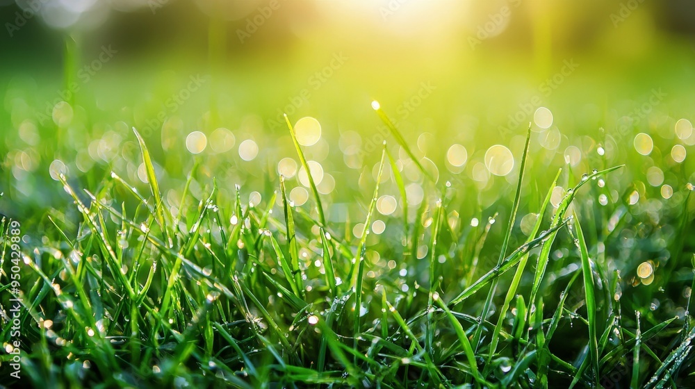 Dew-covered green grass in the early morning, sparkling and fresh Dew-covered green grass in the early morning, sparkling and fresh